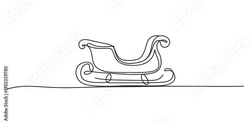 Simple black and white line drawing of a traditional christmas sleigh on a flat surface. Vector, illustration