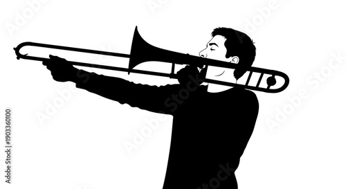 Man playing trombone in silhouette against white background.