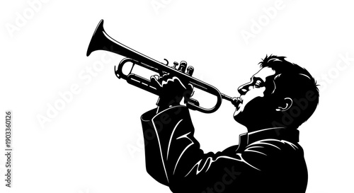 Man playing trumpet in black and white illustration.
