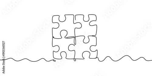 Continuous line drawing of four jigsaw puzzle pieces connected together on a wavy surface. Vector, illustration