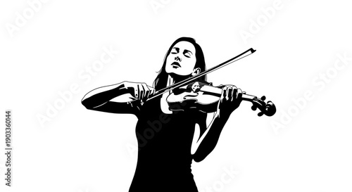 Woman playing violin with elegance and poise in black and white illustration.