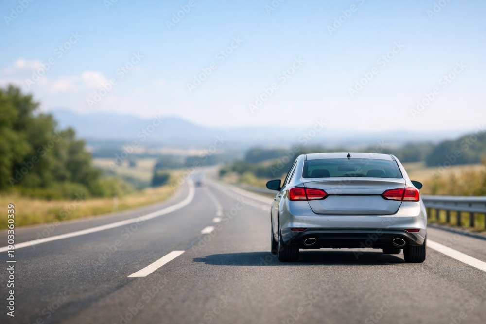 Fototapeta premium Sleek Silver Car Driving on an Open Highway, Surrounded by Lush Green Fields and a Clear Blue Sky
