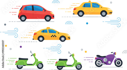 Fast transportation vehicles set with cars taxi scooters and motorcycle motion illustration