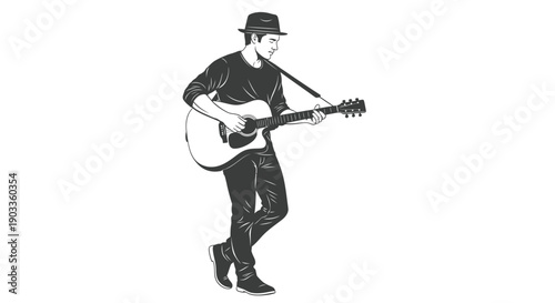 Man playing guitar with hat on white background.
