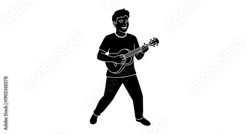 Man playing guitar in dynamic pose, black and white illustration.