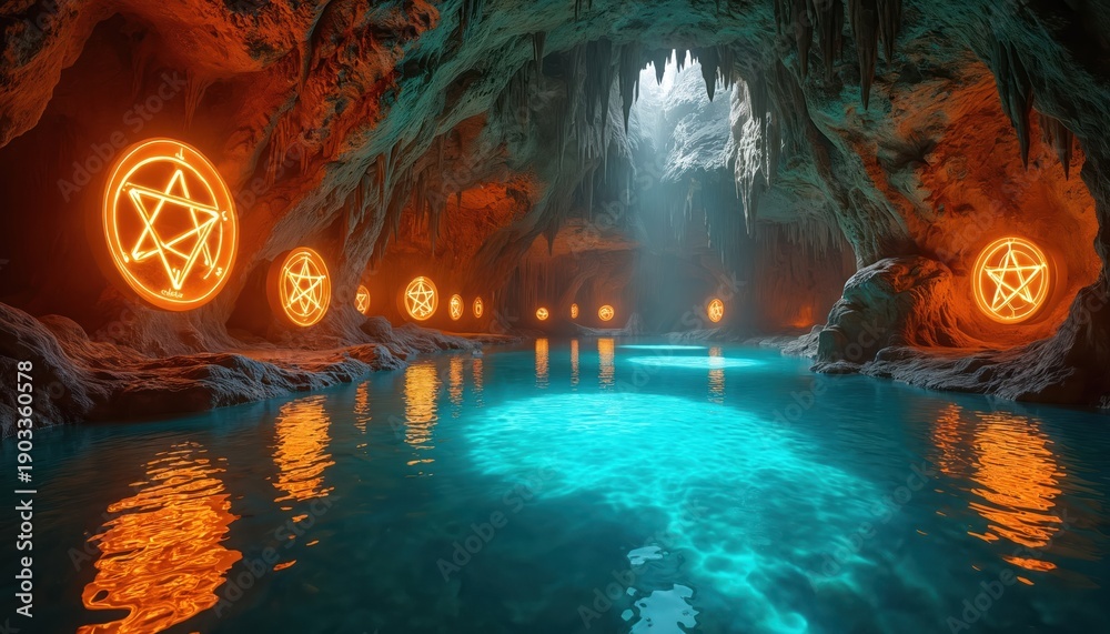 Fototapeta premium Glowing pentagram symbols line cave walls above tranquil blue water. Stalactites hang from ceiling. Light beams enter cavern illuminating mystical underground pool. Orange neon lights reflect on