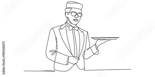 Line drawing of a professional waiter in a tuxedo holding an empty serving tray Vector, illustration