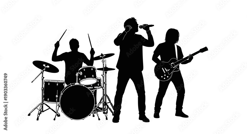 Fototapeta premium Silhouette of musicians performing on stage with instruments.