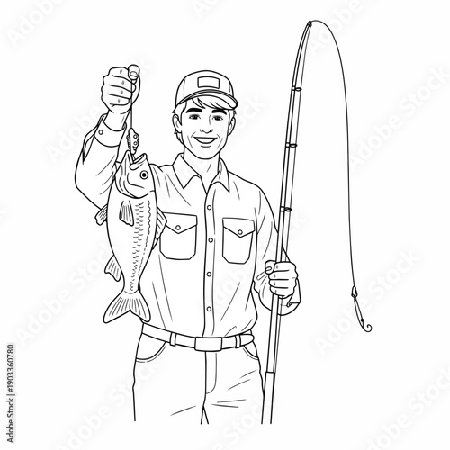 Happy Fisherman Holding His Catch and Fishing Rod