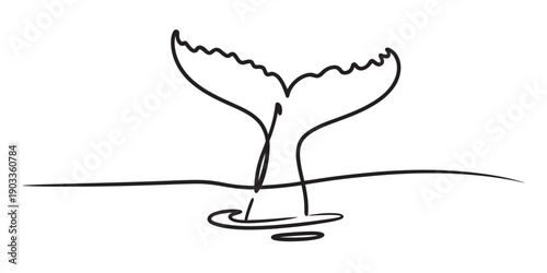 Simple black and white line drawing of a whale tail fluke emerging from the water surface. Vector, illustration