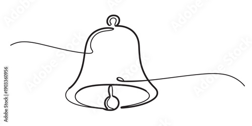 A minimalist single line drawing of a classic bell silhouette on a white background. Vector, illustration