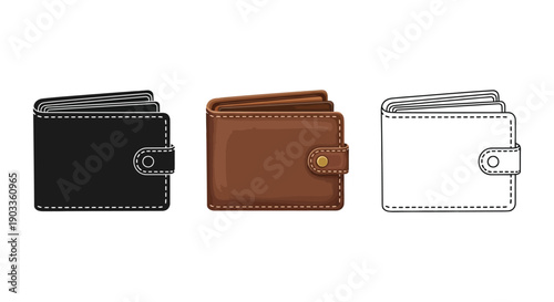 Set of three wallet icons in black, brown color, and outline styles