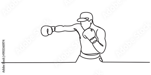 Continuous one line drawing of a male boxer wearing a cap and boxing gloves throwing a punch. Vector, illustration