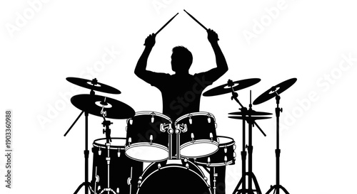 Silhouette of a drummer playing a drum set with cymbals and drumsticks.