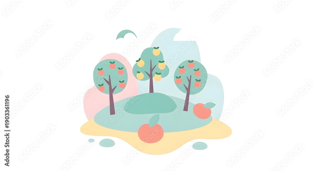 Fototapeta premium Minimal Pastel Whimsical Tropical Island with Stylized Fruit Trees