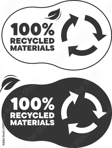 Percent recycled materials badges showcasing circular arrows and eco leaf icons for sustainability