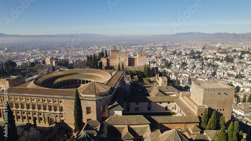 Tableau sur toile Aerial Drone View of Carlos V Palace and Alcazaba, Alhambra, Granada, Spain