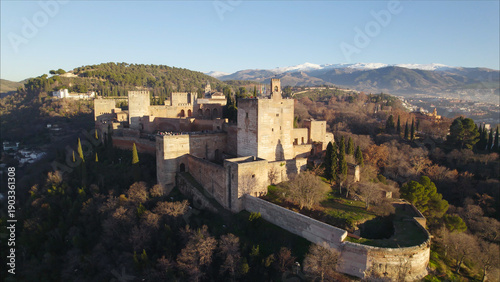 Aerial Drone View of Nasrid Palace on Sabika Hill, Alhambra, Granada, Spain
