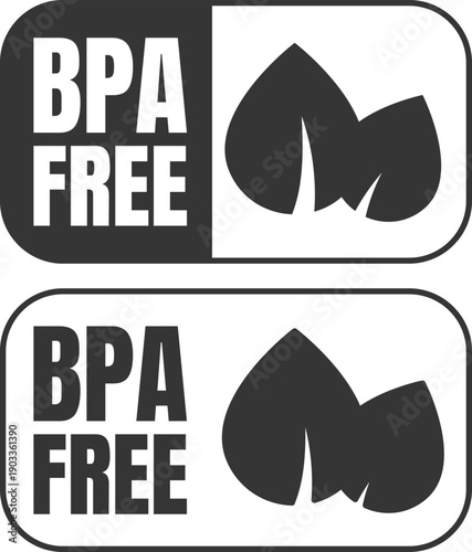 BPA free labels with leaf icon on rounded packaging designs used for various products