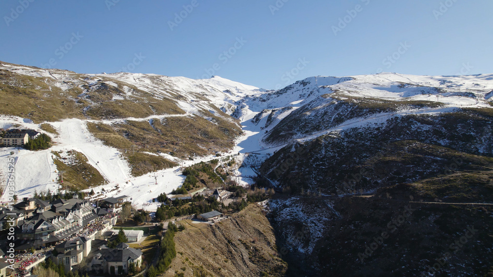 Obraz premium Aerial Drone View of Largest Ski Slope, Sierra Nevada, Granada, Spain