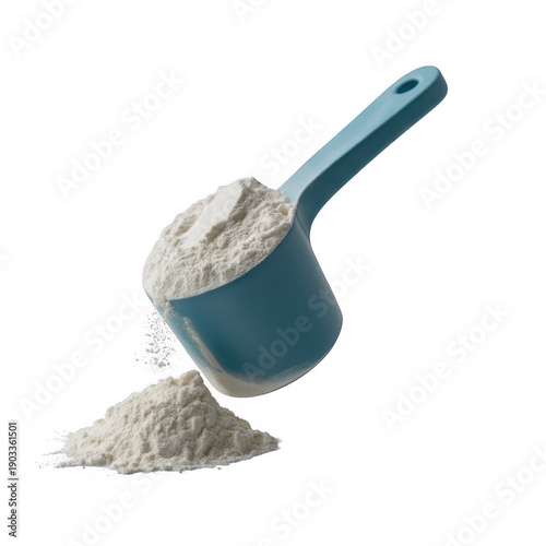 Blue measuring scoop with protein powder isolated on a transparent background