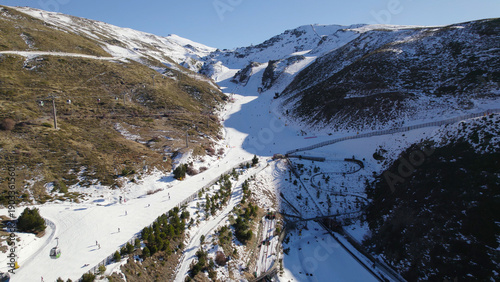 Aerial Drone View of Skiers and Cableway, Sierra Nevada, Spain