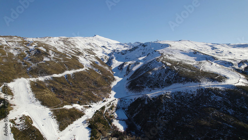 Aerial Drone View of Snowy Slopes, Sierra Nevada Ski Resort, Spain