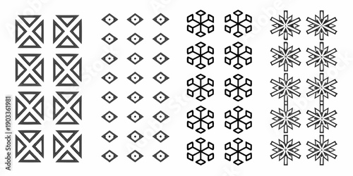 Geometric patterns resembling snowflakes arranged in a horizontal row