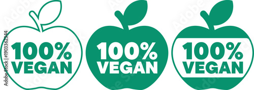 Set of green apple icons with percent vegan labels in outline and solid styles for food products