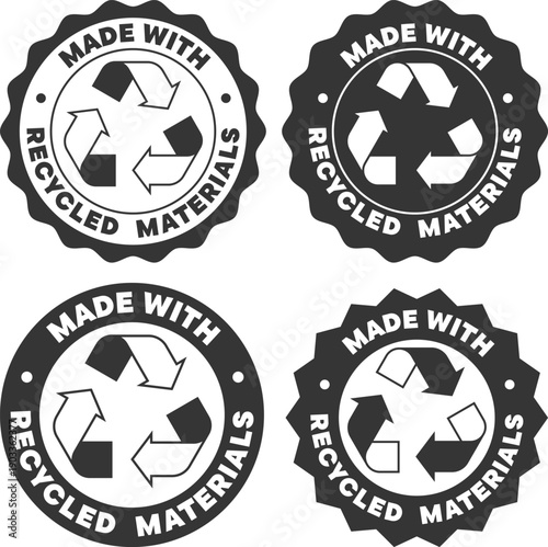 Set of badges made with recycled materials showing recycling arrows in simple designs