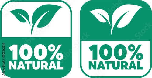 Two green natural labels with leaf icons in filled and outline styles for eco branding