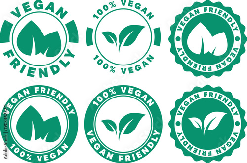 Vegan friendly badge set for packaging and product labeling in various designs