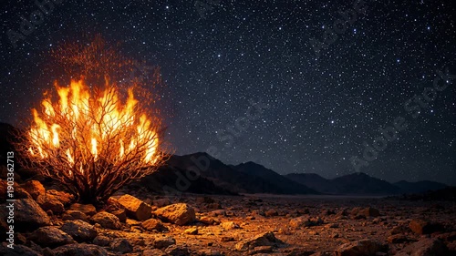 Ignited burning bush at night desert landscape under starry sky symbol of divine presence. Burning bush glowing under night sky biblical story Moses religion spiritual faith footage