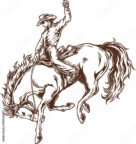 Rodeo Cowboy Riding Bucking Horse Isolated, Wild West Vector Illustration