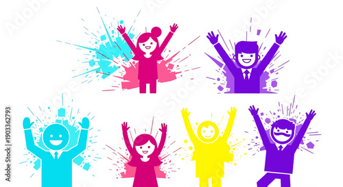Colorful cartoon people celebrating with raised arms in various vibrant colors and splashes