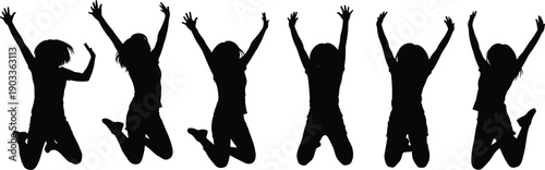 Silhouettes of young women jumping with raised hands isolated on white background, happiness, freedom, celebration and energetic lifestyle concept