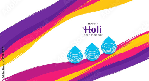 Vibrant holi festival background with colorful brush strokes and traditional clay pots