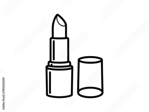 Stylized black and white line drawing of an open lipstick, symbolizing beauty and makeup.