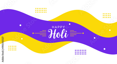 Vibrant holi celebration background with purple and yellow waves and happy holi text