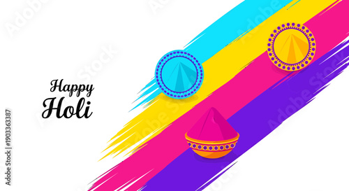 Vibrant holi celebration background with colorful brush strokes and traditional pots
