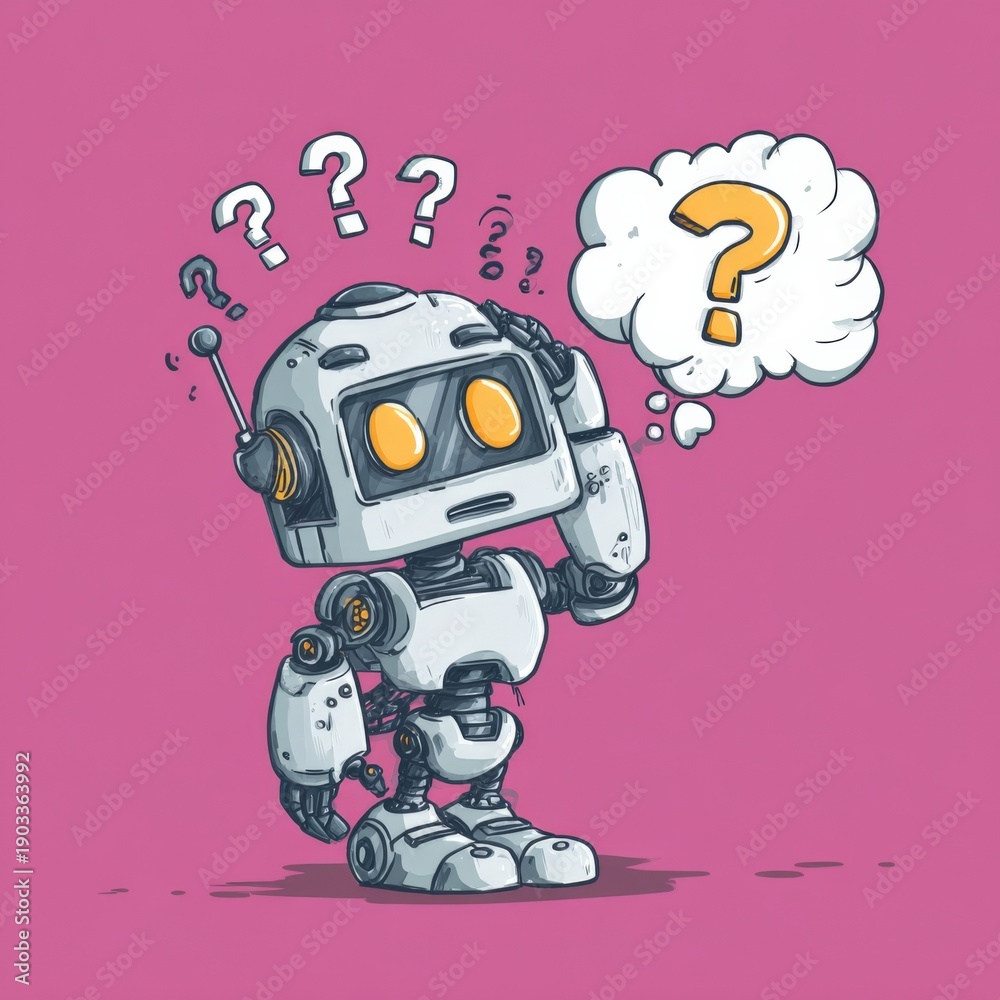 Naklejka premium Confused cartoon robot with question marks on pink background
