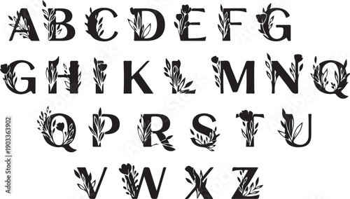 Beautiful flower alphabet set floral letters in a clean vector style.