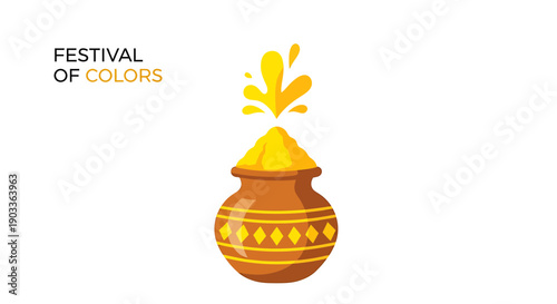 Vibrant holi festival pot with colorful powder explosive traditional indian clay vessel with yellow and orange hues on white background