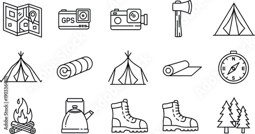 Minimal Line Camping and Adventure Icon Set with Map Camera Tent Axe Compass Boots and Outdoor Symbols
