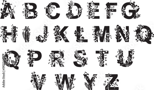 Beautiful flower alphabet set floral letters in a clean vector style.