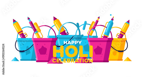 Vibrant holi buckets with colorful powder and paints for happy celebration
