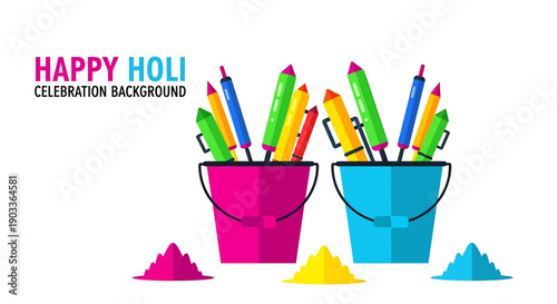 Vibrant holi celebration background with colorful buckets and powder