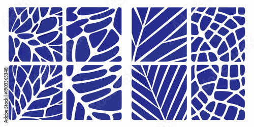 Abstract geometric pattern with repeating blue and white shapes