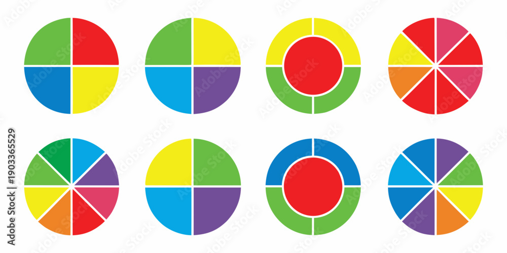 Fototapeta premium Colorful circles divided into pie charts with varying color combinations