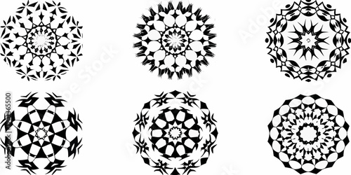 Six black and white circular and ovoid geometric designs on a white background